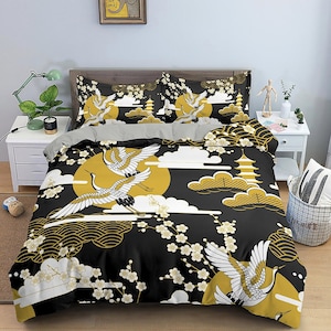 Black oriental bedding, crane bird and cherry blossom prints on Japanese style duvet cover set for king, queen, full, twin, single bed
