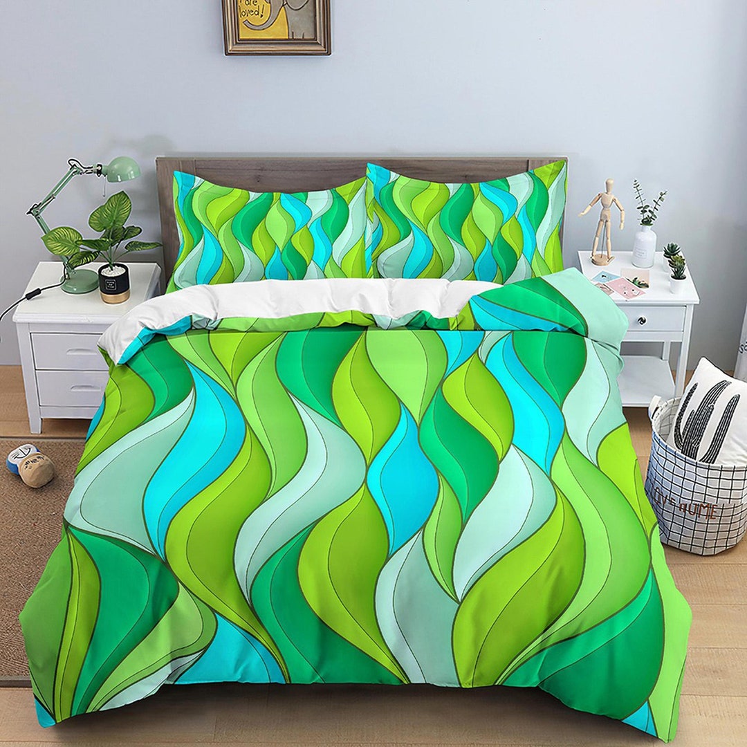 Mid Century Modern Bedroom Art Set Yellow Green and Cyan Blue Duvet