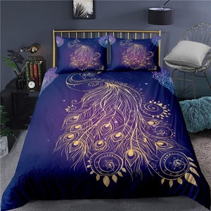 Koamaru peacock decor gold aesthetic bedding set full, luxury duvet cover queen, king, boho duvet, designer bedding, maximalist bedspread image 1