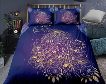 Koamaru peacock decor gold aesthetic bedding set full, luxury duvet cover queen, king, boho duvet, designer bedding, maximalist bedspread