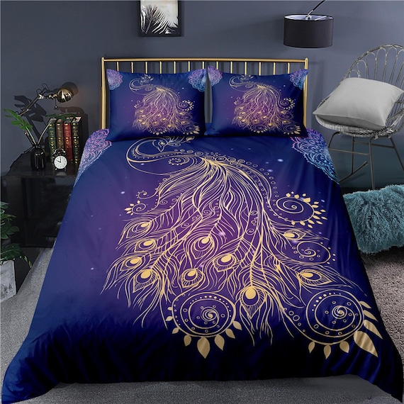 Koamaru peacock decor gold aesthetic bedding set full, luxury duvet cover queen, king, boho duvet, designer bedding, maximalist bedspread