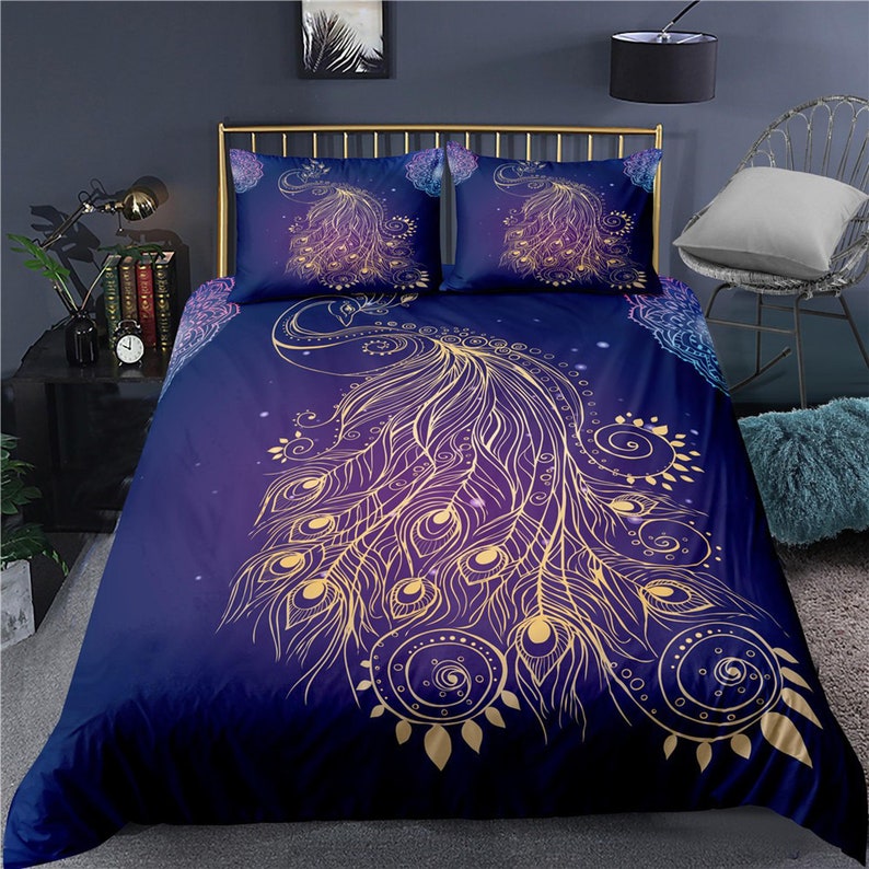 Koamaru peacock decor gold aesthetic bedding set full, luxury duvet cover queen, king, boho duvet, designer bedding, maximalist bedspread image 1