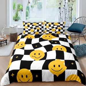 Smiley face 90s nostalgia hippie bedding retro duvet cover set, colorful bedding, teens and adult duvet cover, maximalist decor, chess board