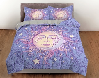Sun Cotton Duvet Cover Crescent Moon Quilt Cover, Celestial Bedding Set Stars Blanket Cover, Purple Bedspread Teens Bed Cover