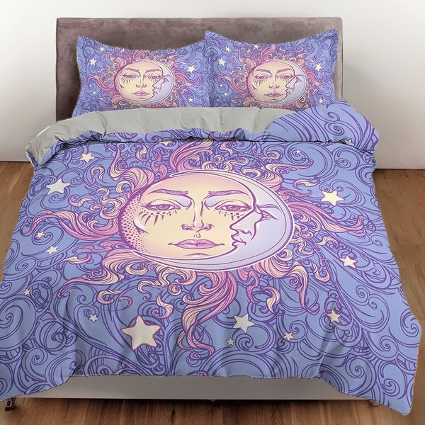 Sun Cotton Duvet Cover Crescent Moon Quilt Cover, Celestial Bedding Set Stars Blanket Cover, Purple Bedspread Teens Bed Cover