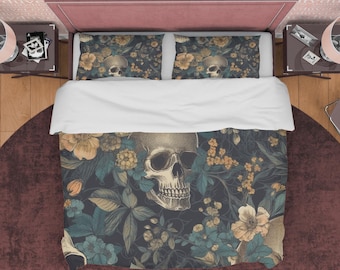 Dark Green Floral Vintage Aesthetic Duvet Cover, Skull, Halloween Gothic Bedding & Pillowcase, Dorm Bedding, US, European, Australian Sizes
