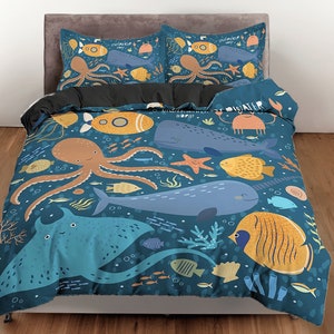 Whale cotton duvet cover octopus quilt cover, underwater bedding set colorful blanket cover, kids bedroom bedspread nursery bedcover