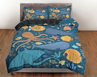 Whale cotton duvet cover octopus quilt cover, underwater bedding set colorful blanket cover, kids bedroom bedspread nursery bedcover