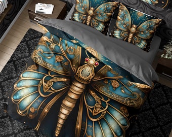 Luna Moth Whimsigothic Duvet Cover Set Dark Royalty Bedding, Wizard Aesthetic Quilt Cover Witchcore Bed Cover, Enchanted Butterfly Bedspread