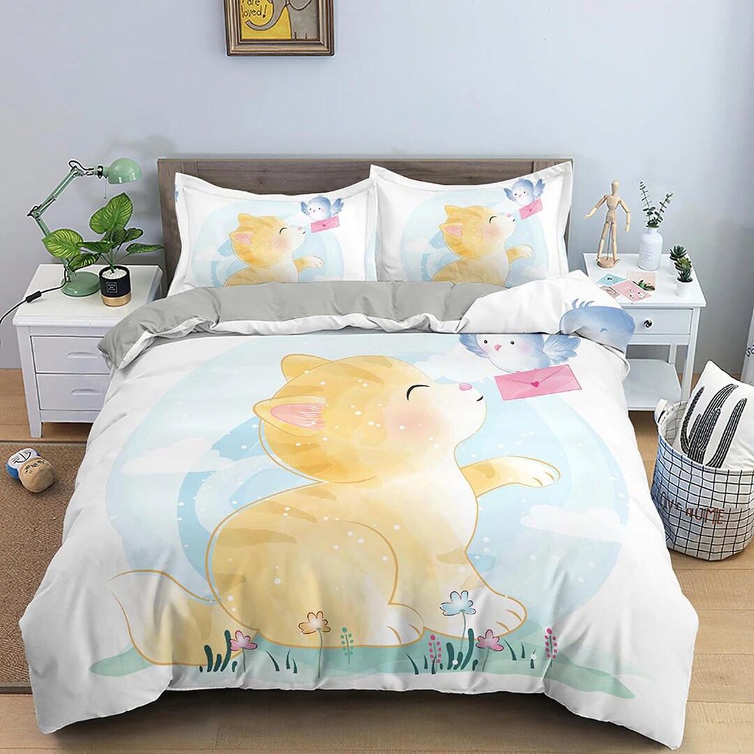 Cute Cat and Bird Print Duvet Cover Set, Dorm Bedding, Cute Bedroom Set ...