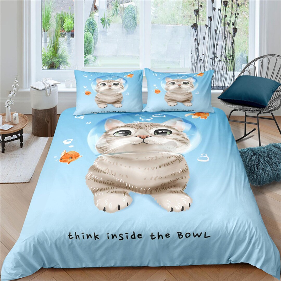Cat in Fish Bowl Light Blue Toddler Bedding, Kids Duvet Cover Set, Baby Bedding, Baby Shower