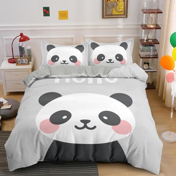 Hello cute panda grey duvet cover kids bedding set full king queen dorm bedding toddler bedding aesthetic bedspread panda lovers gift Etsy Mexico