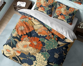 Vibrant Color Chrysanthemum Quilt Cover Japanese Bedding Set, Cotton Duvet Cover Colorful Bedspread, Girly bedroom Blanket Cover