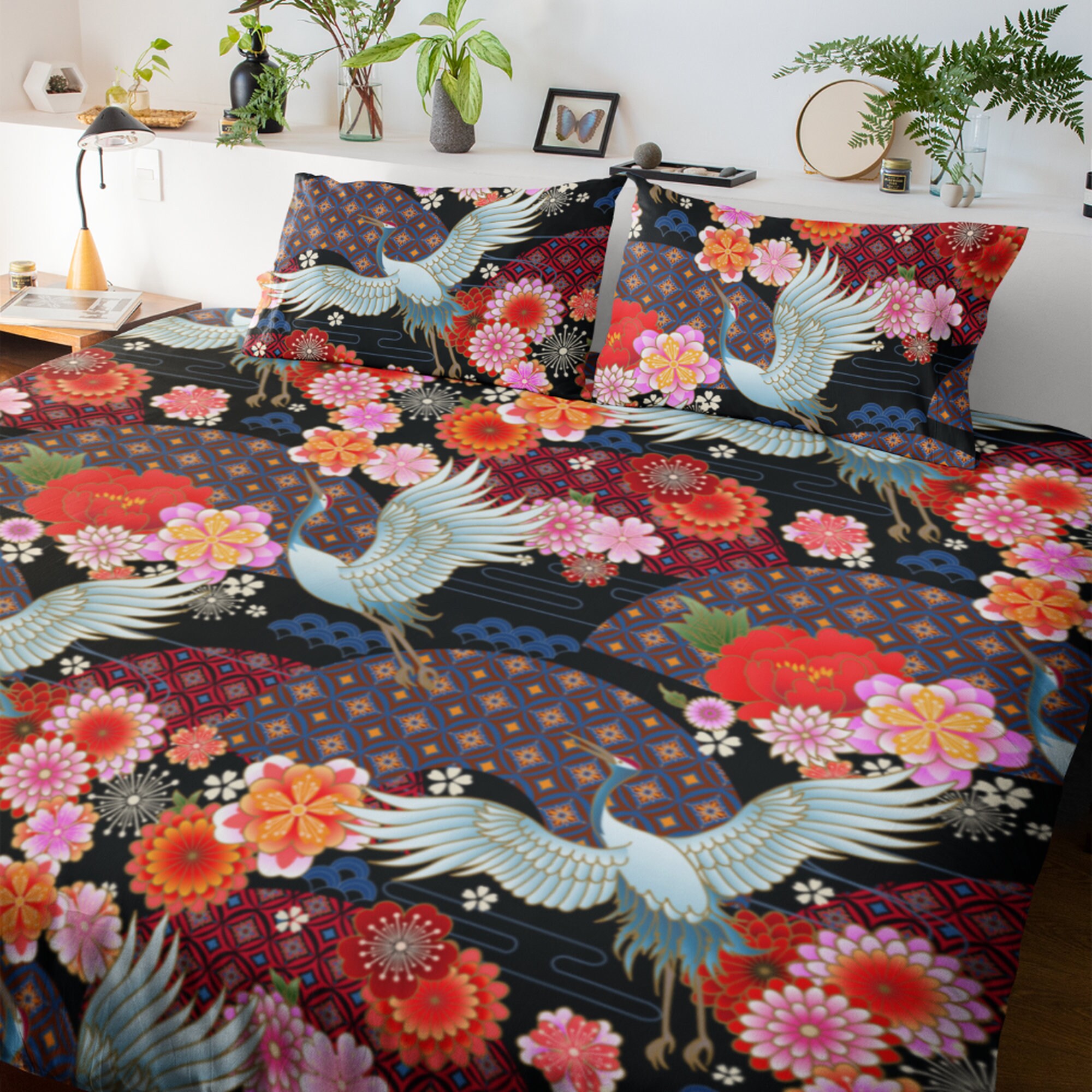Black Japanese Duvet Cover Zipper Bedding Set Crane Bird and Etsy