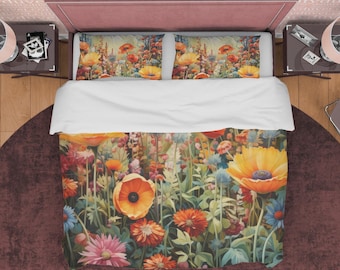Blossoming Flower Garden Duvet Cover, Girly Bedroom Blanket Cover Charming Bedding Set, Retro Floral Bedspread, Shabby Chic Bed Cover