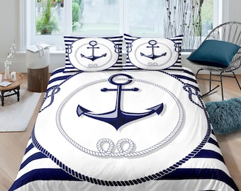 Ship anchor striped nautical duvet cover coastal grandma  bedding set full queen king, aesthetic beach room decor, captain gift seaman