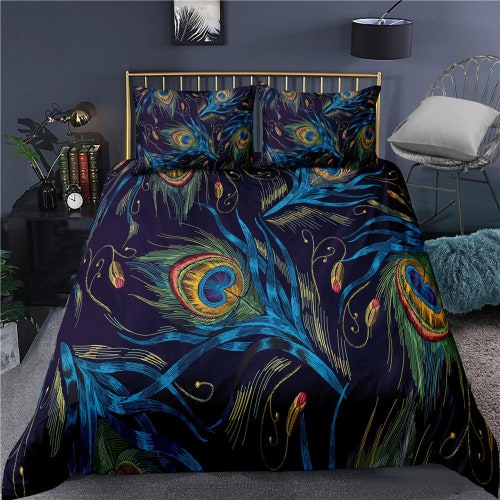 Peacock Feather Prints Aesthetic Bedding Set Full Luxury Etsy