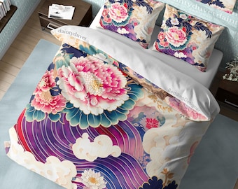 Pink Chrysanthemum Duvet Cover Japanese Pattern Quilt Cover, Great Wave Bedding Set Purple Bedspread Girly Bedroom Bed Cover