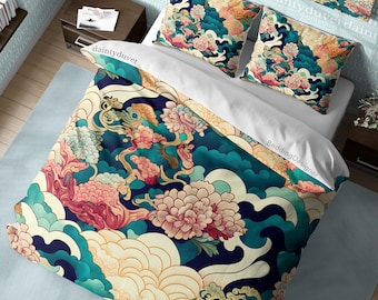 Mythical Bird Duvet Cover Basan Quilt Cover, Japanese Pattern Bedding Set Colorful Blanket Cover, Oriental Pattern Bedspread