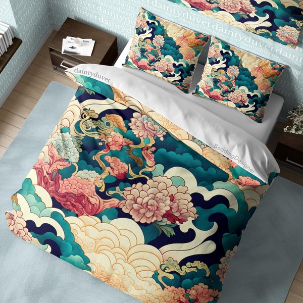 Mythical Bird Duvet Cover Basan Quilt Cover, Japanese Pattern Bedding Set Colorful Blanket Cover, Oriental Pattern Bedspread