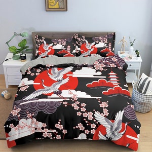 Black and red oriental bedding set cover, crane bird and cherry blossom prints on Japanese style duvet cover, king, queen, full, twin