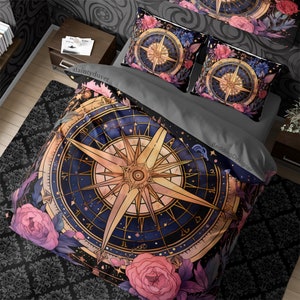 Geometric Compass Alchemy Aesthetic Duvet Cover Flower Witchcore Quilt Cover, Dark Fairytale Whimsigothic Bedding Set Hippie Goth Bedspread