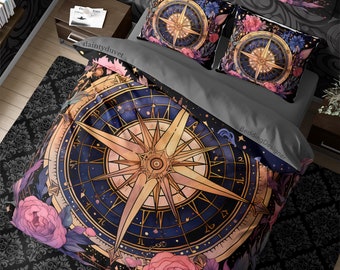 Geometric Compass Alchemy Aesthetic Duvet Cover Flower Witchcore Quilt Cover, Dark Fairytale Whimsigothic Bedding Set Hippie Goth Bedspread