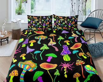 Psychedelic mushroom black duvet cover hippie bedding set full, queen, king, preppy dorm bedding, indie room decor, aesthetic bedspread y2k