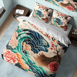 Bird Wing Duvet Cover Great Wave Quilt Cover, Japanese Art Bedding Set Camellia Blanket Cover, Floral Bedspread Girls Room Bedcover
