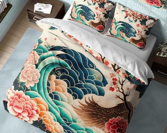 Bird Wing Duvet Cover Great Wave Quilt Cover, Japanese Art Bedding Set Camellia Blanket Cover, Floral Bedspread Girls Room Bedcover