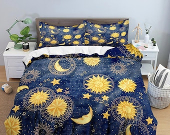 Celestial bedding blue sky sun and moon, witchy decor dorm bedding, aesthetic duvet cover, boho bedding set full king queen, astrology gifts