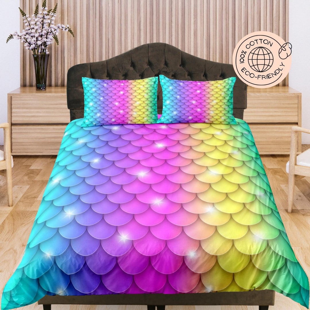Rainbow Fish Scale Cotton Duvet Cover Baby Girl's Bedroom Quilt Cover