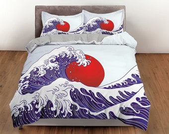 Purple wave cotton duvet cover great wave quilt cover, tsunami bedding set Japanese art blanket cover, retro bedspread unique bedcover