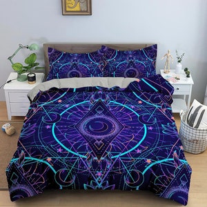 Celestial bedding purple, crescent moon, witchy decor dorm bedding, aesthetic duvet, boho bedding set full king queen, astrology gift gothic