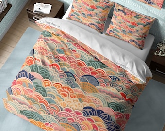 Colorful Oriental Pattern Duvet Cover Fish Scale Quilt Cover, Japanese Pattern Bedding Set Zen Vibe Bedspread, Retro Blanket Cover