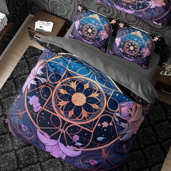 Geometric Wizard Aesthetic Duvet Cover Set Dark Cottagecore Bedding, Whimsigoth Quilt Cover Dark Fantasy Bedspread Victorian Gothic Bed Set