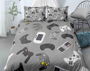 Gamer gadgets bedding grey duvet cover, video gamer boyfriend gift bedding set full king queen twin, boys bedroom, college dorm bedding