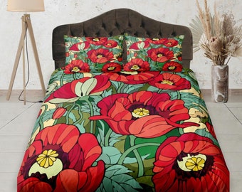 Poppy Flowers Bedsheet Deep Pocket, Floral Prints, Aesthetic Boho Bedding Set Full, Dorm Bedding, Crib Sheet, King, Queen Sheet Set