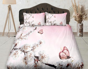 Cherry Blossoms Light Pink Bedding, Fitted Sheet, Deep Pocket, Floral Prints, Aesthetic Boho Bedding Set, Dorm Bedding, Shabby Chic Bedding