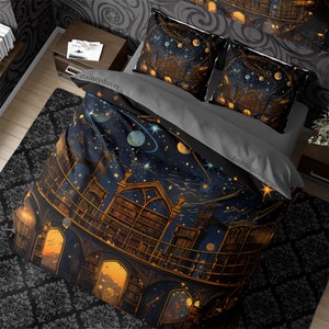 May include: A dark blue and gold bedding set featuring a celestial library design. The bedding depicts a starry night sky with planets and stars, and a library with bookshelves and windows. The bedding is made from soft, comfortable fabric and is ideal for adding a touch of whimsy to any bedroom.