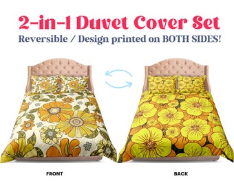 Mid century modern bedding yellow orange reversible duvet cover set, designer bedding set full, california king, queen, toddler bedding