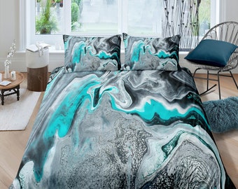 Turquoise green contemporary bedroom set aesthetic duvet cover, alcohol ink abstract art room decor boho chic bedding set full king queen