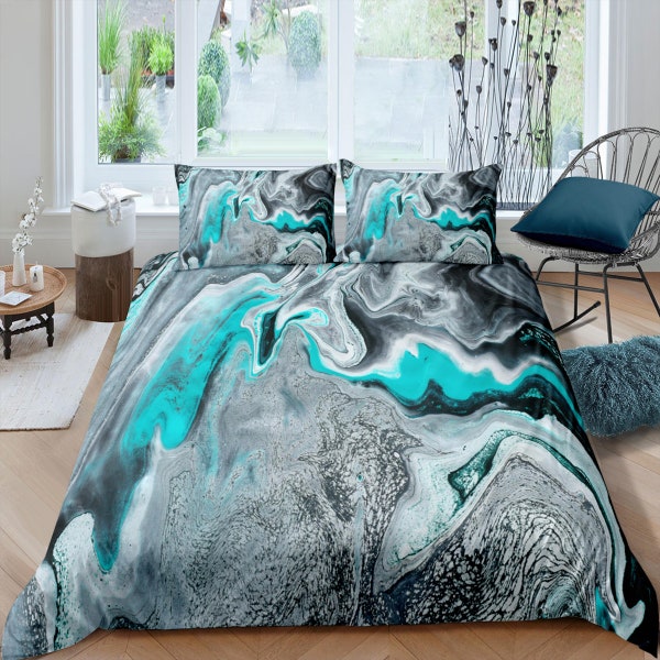 Turquoise green contemporary bedroom set aesthetic duvet cover, alcohol ink abstract art room decor boho chic bedding set full king queen