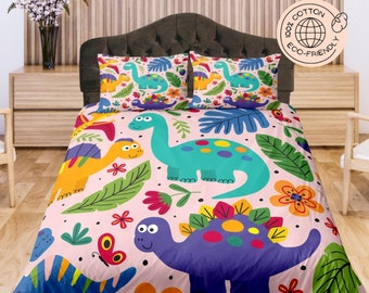 Colorful Dinosaur Smiling, Light Pink Cotton Duvet Cover Set for Kids, Toddler Bedding, Baby Zipper Bedding, Nursery Bedding, Crib Blanket