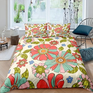 Mid century modern bedding colorful floral duvet cover colorful retro bedding, vintage style boho chic bedspread daisy shabby chic bedding