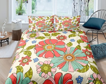 Mid century modern bedding colorful floral duvet cover colorful retro bedding, vintage style boho chic bedspread daisy shabby chic bedding