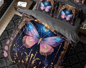 Blue Pink Monarch Butterfly Duvet Cover Dark Royalty Quilt Cover, Witchcore Blanket Cover Whimsigothic Bedding Set, Hippie Goth Bedspread