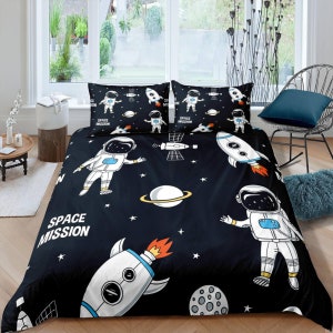 Space mission astronaut duvet cover set for kids, galaxy bedding set full, king, queen, dorm bedding, toddler bedding aesthetic bedspread