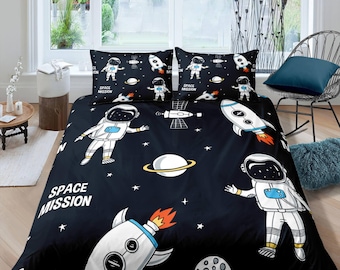 Space mission astronaut duvet cover set for kids, galaxy bedding set full, king, queen, dorm bedding, toddler bedding aesthetic bedspread