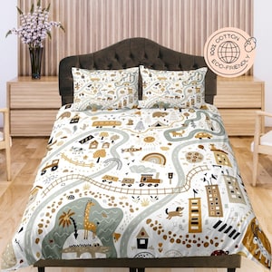 Railroad Cotton Duvet Cover Map Quilt Cover, Kid's Bedroom Blanket Cover Toddler's Room Bedding Set, White Bedspread Baby Crib Bed Cover
